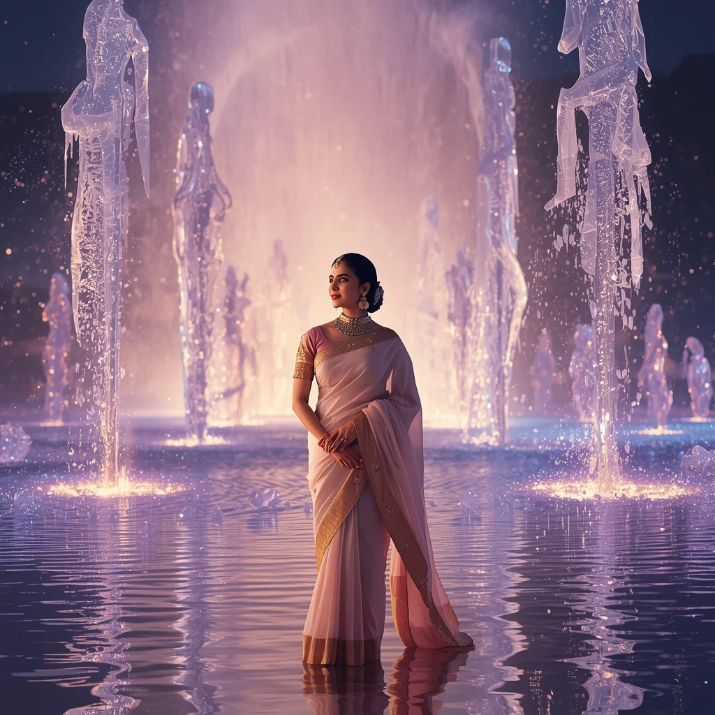 Festive Pastel Saree Diamond Crystal Galaxy Fountain Collage Premium | Prompt For Traditional Look For Girl