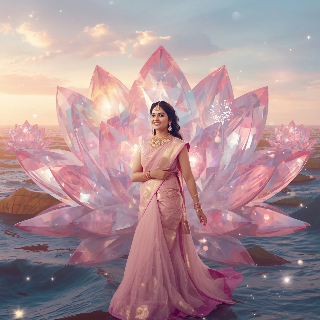 Festive Pastel Saree Diamond Crystal Lotus Horizon Collage Premium | Prompt AI For Girl