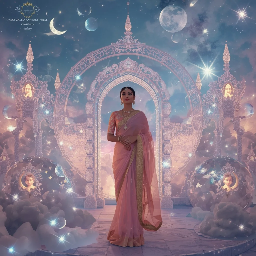 Festive Pastel Saree Diamond Crystal Moon Palace Collage Luxury | Woman Pose Ai Prompt