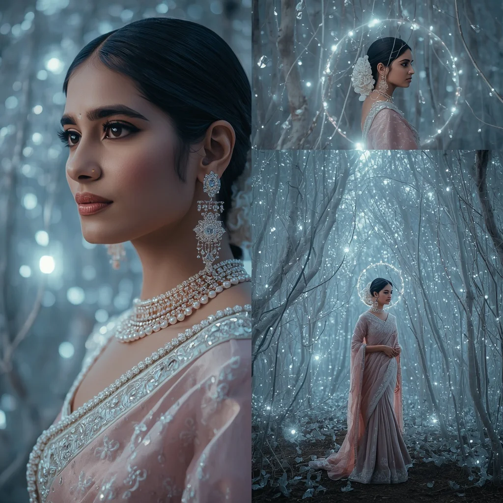 Festive Pastel Saree Diamond Halo Forest Collage | Travel Ai Prompt