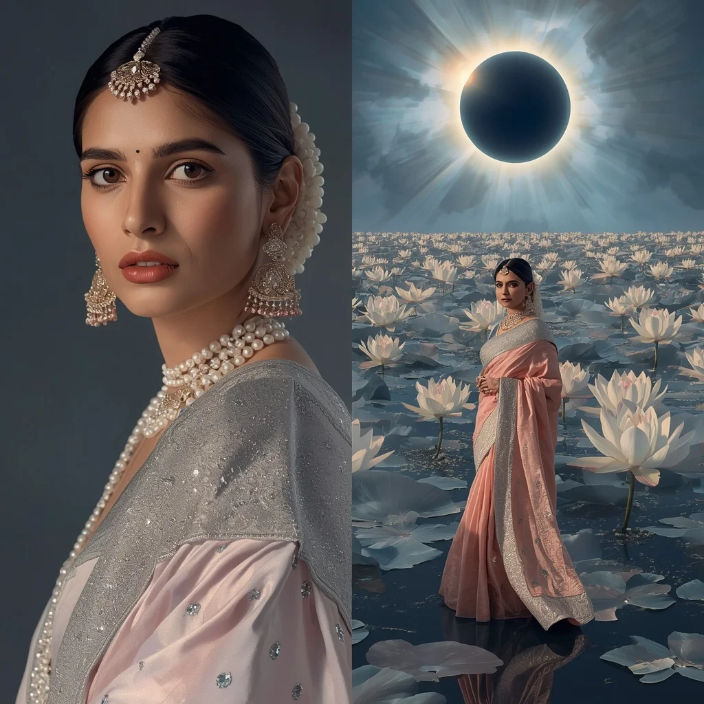 Festive Pastel Saree Diamond Lotus Eclipse Ocean Collage | Viral Instagram Ai Prompt