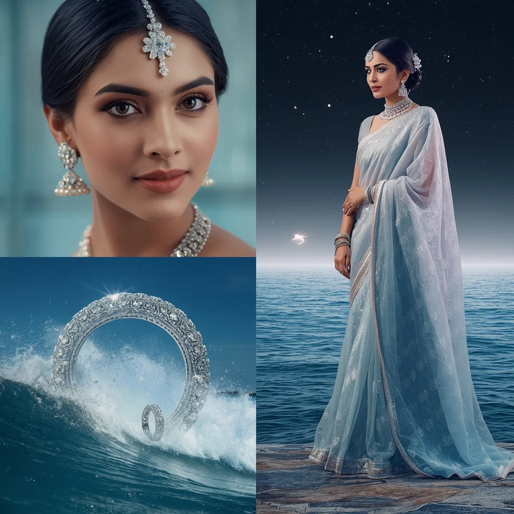 Festive Pastel Saree Diamond Planet Ring Ocean Collage | New Instagram Trend Prompt For Girl Aesthetic