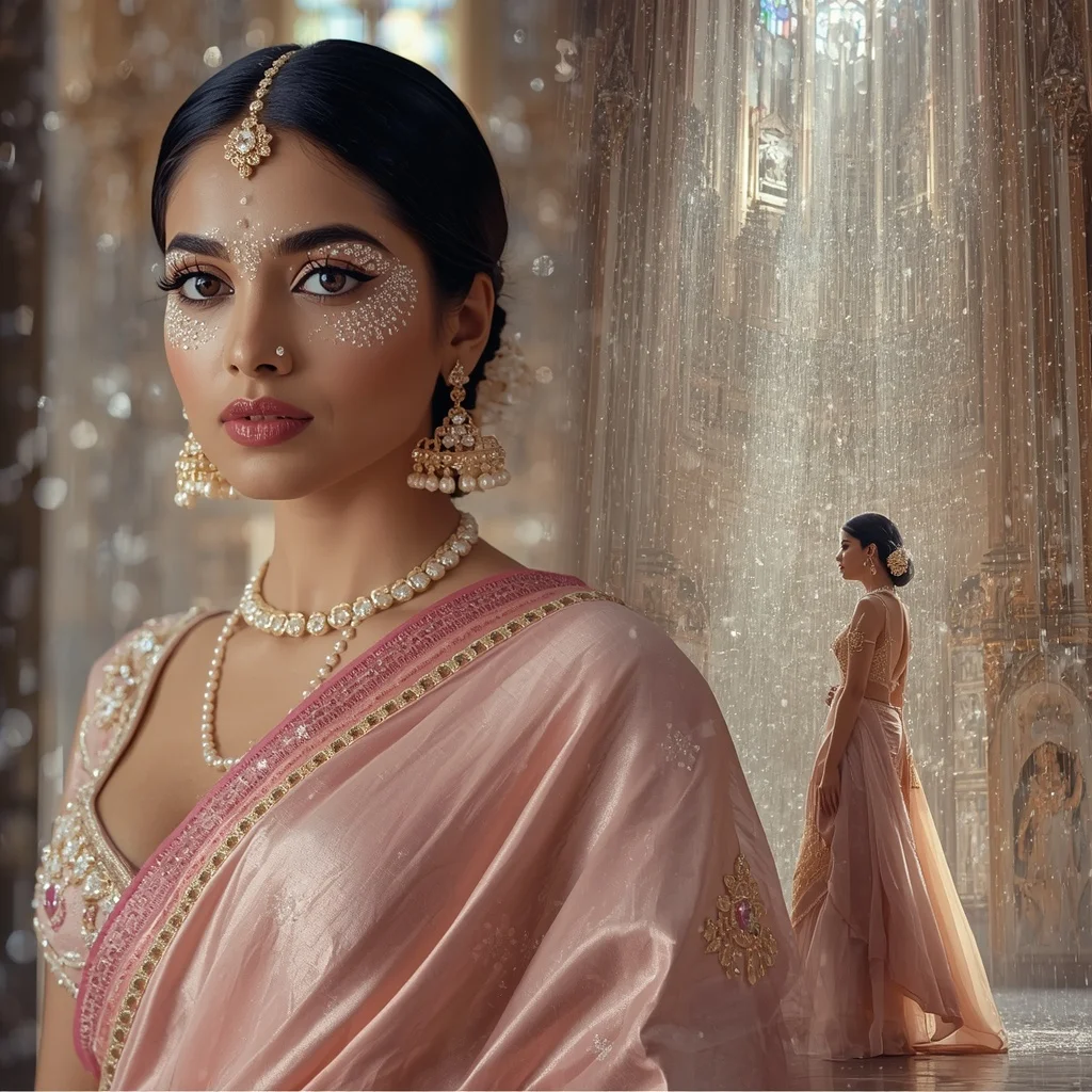 Festive Pastel Saree Diamond Rainstorm Cathedral Collage | ChatGPT Photo Editing Prompts Trending Instagram For Girl