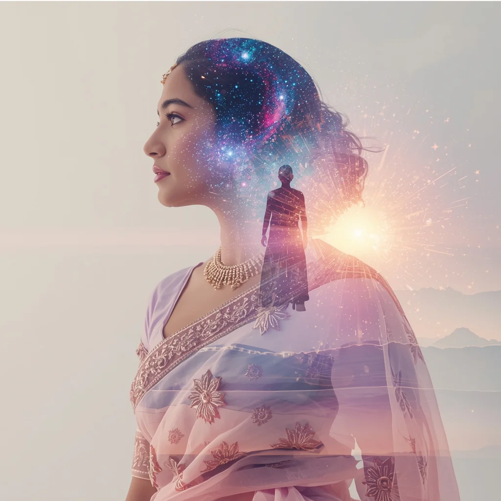 Festive Pastel Saree Double Exposure Time Loop Prism Galaxy Portal Dissolve Collage | Artistic Eternal Symphony Prompt | Saree Trending Ai Prompt