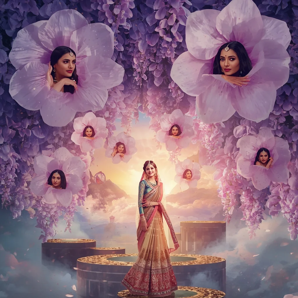 Festive Pastel Saree Dream Celestial Wisteria Kingdom Collage Cinematic | Cute Ai Prompt