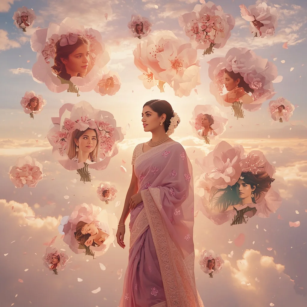 Festive Pastel Saree Dream Cherry Blossom Cloudscape Collage Cinematic | Viral Instagram Ai Prompt