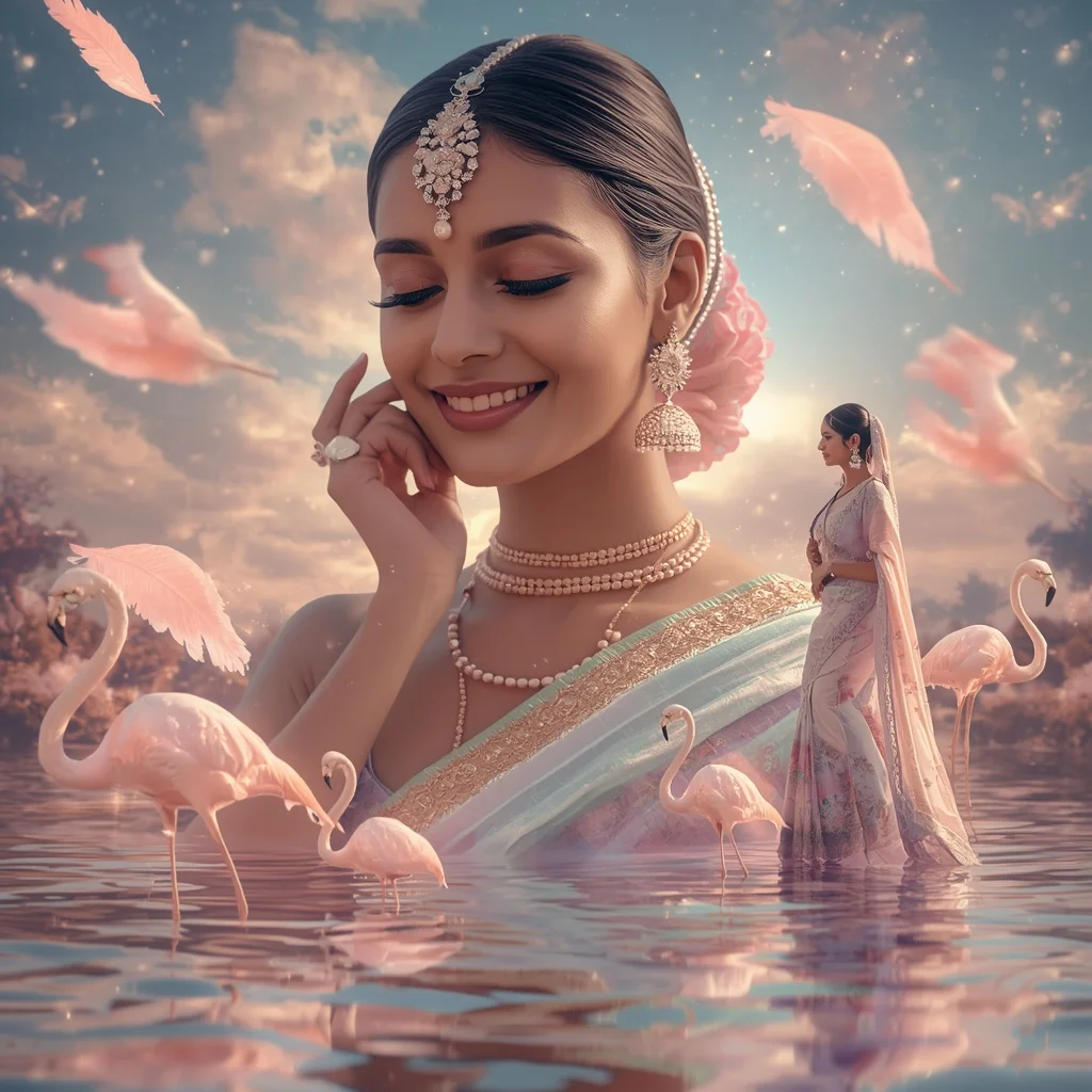 Festive Pastel Saree Dream Crystal Flamingo Paradise Collage Cinematic Aesthetic | Ai Prompt For Social Media