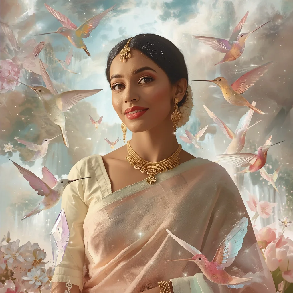 Festive Pastel Saree Dream Crystal Hummingbird Garden Collage Cinematic Aesthetic | Instagram Story Ai Prompt