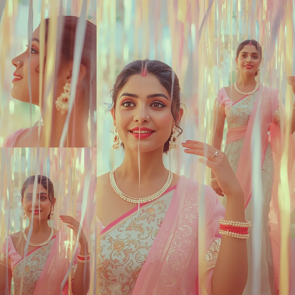 Festive Pastel Saree Dream Glow Light Ribbon Rain Collage Cinematic Aesthetic | Prompt For Gemini Ai Girl Style Trending Instagram Reddit
