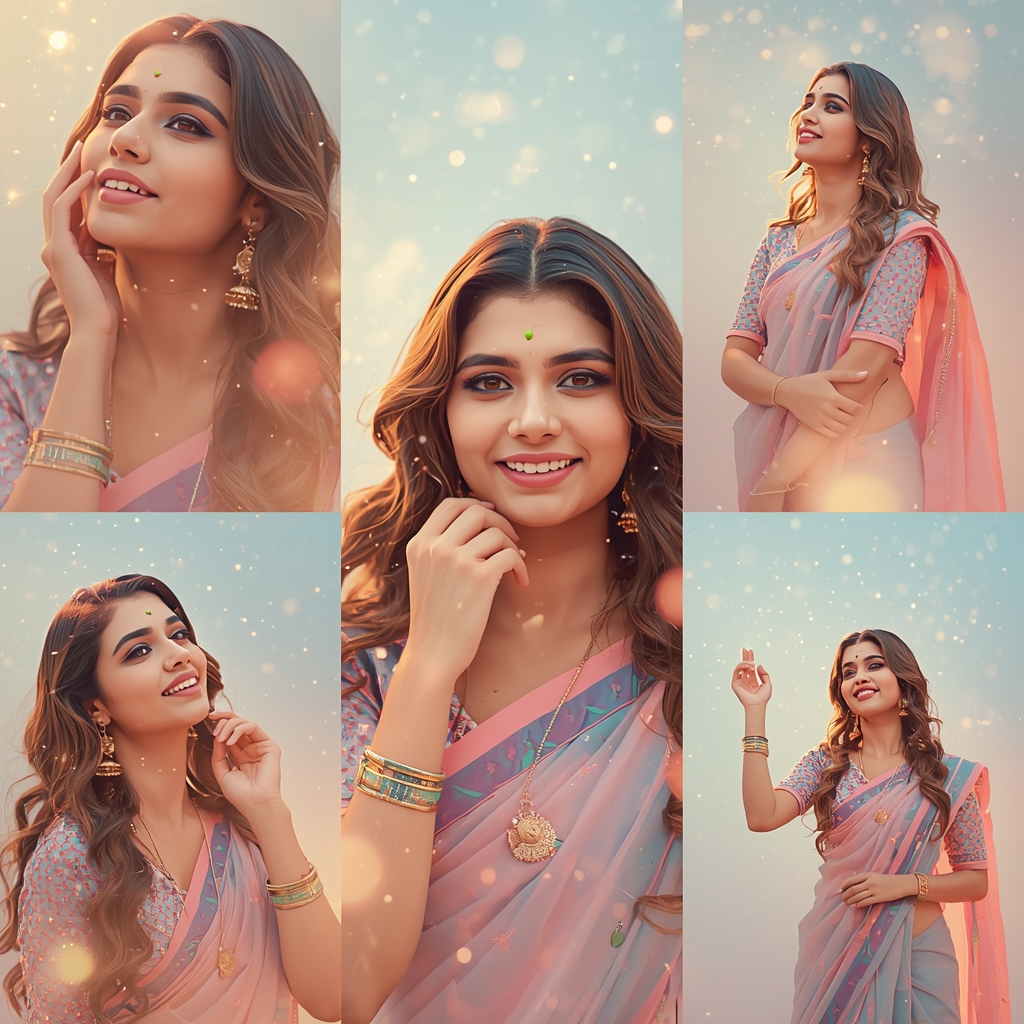 Festive Pastel Saree Dream Glow Starfall Collage Cinematic Aesthetic | Saree Pose Ai Prompt For Image Generation