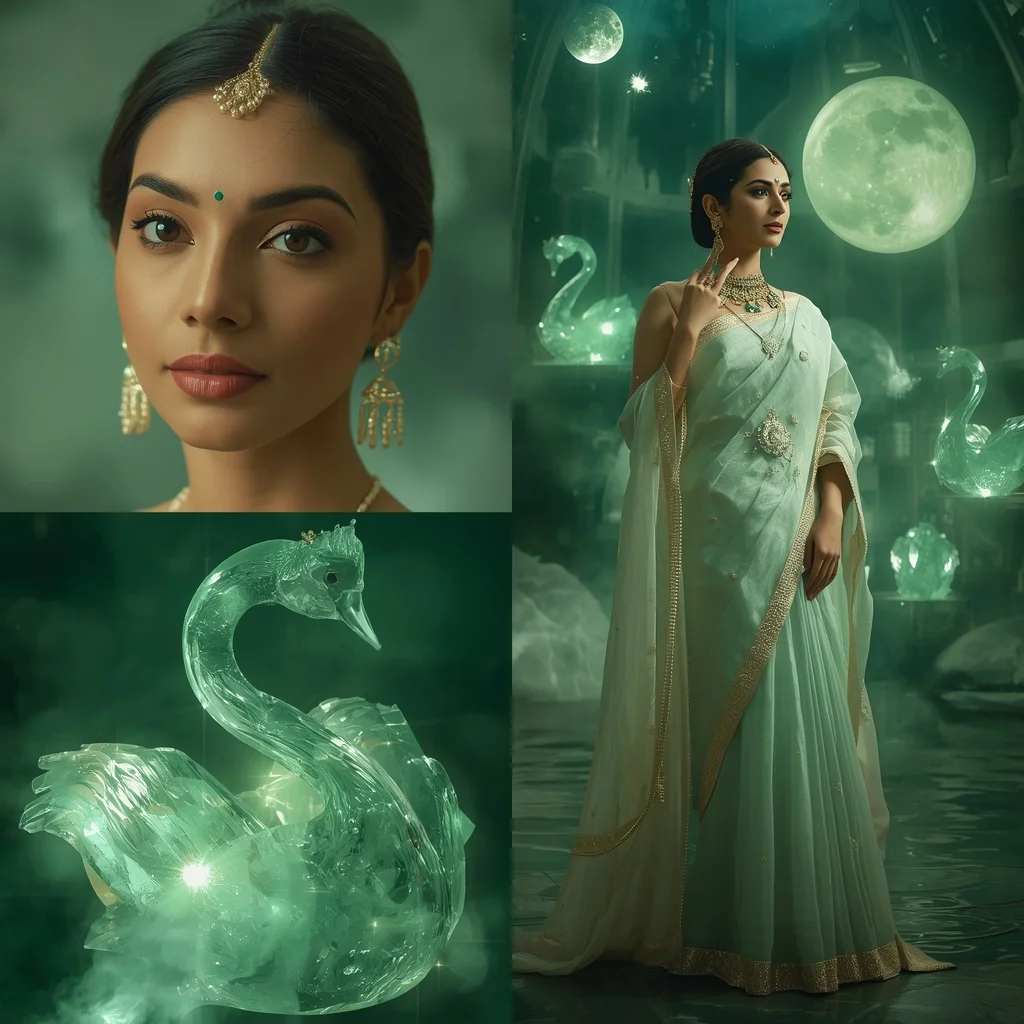 Festive Pastel Saree Emerald Crystal Swan Observatory Collage | Trending Girl Photo Prompt