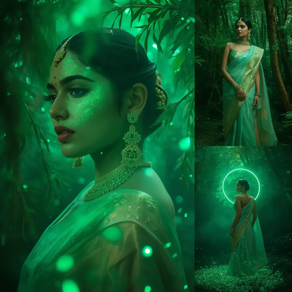 Festive Pastel Saree Emerald Halo Ocean Forest Collage | Secret Ai Prompt