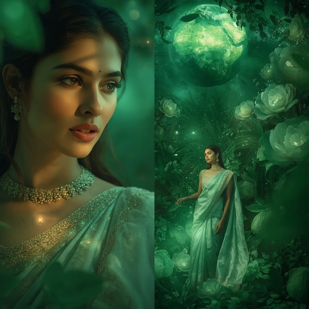 Festive Pastel Saree Emerald Planet Blossom Sanctuary Collage | Korean Ai Prompt