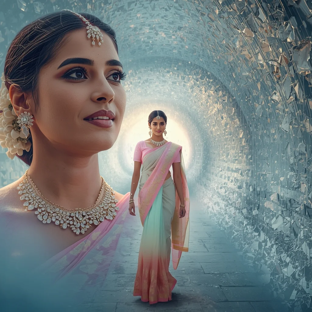 Festive Pastel Saree Enchanting Ethereal Crystal Tunnel Collage | Magical Fantasy Prompt | Saree Prompt For Instagram