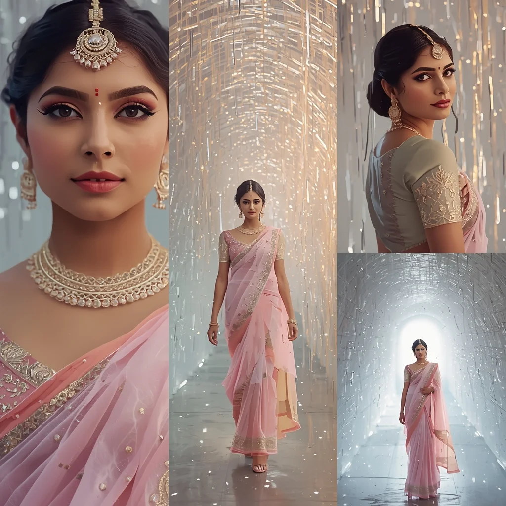 Festive Pastel Saree Enchanting Ethereal Crystal Tunnel Collage | Magical Fantasy Prompt | Saree Whatsapp Dp Ai Prompt