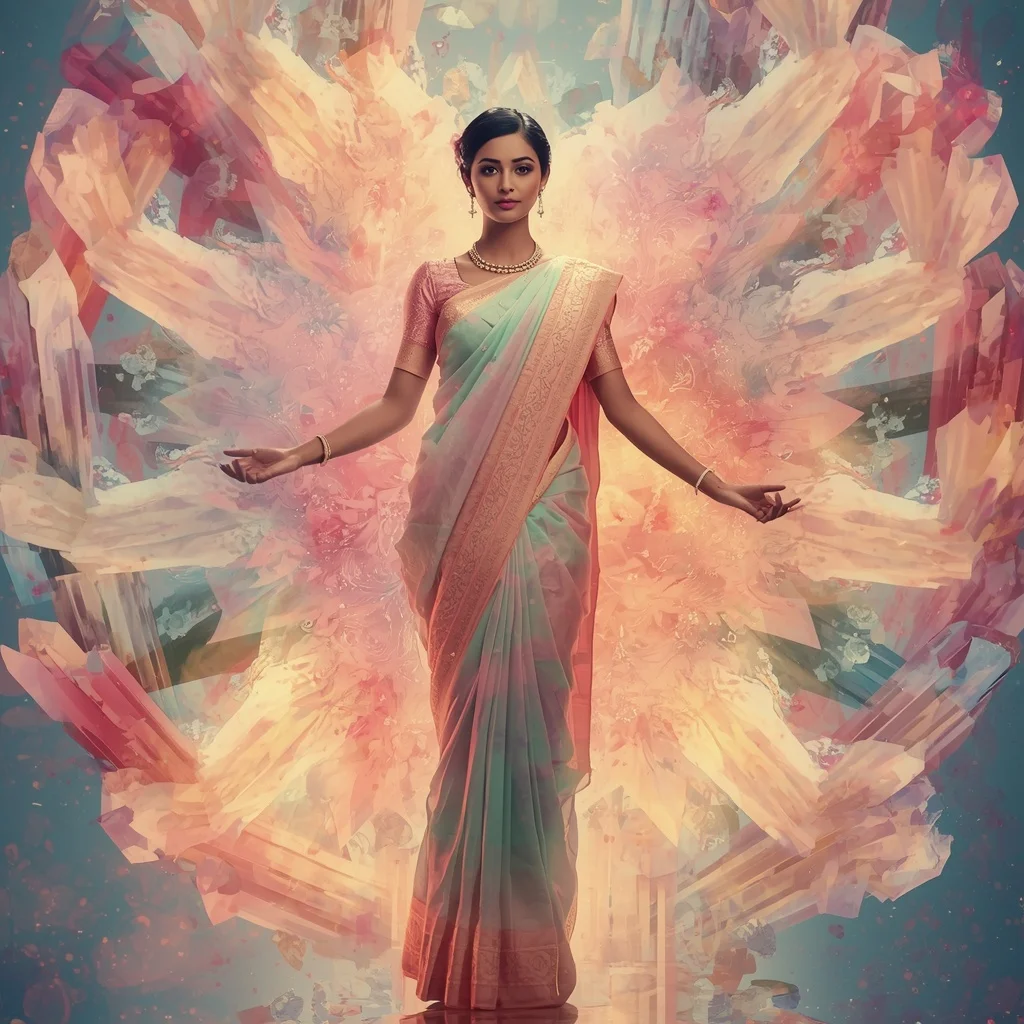 Festive Pastel Saree Energy Aura Crystal Bloom Collage Cinematic | Prompt Engineering