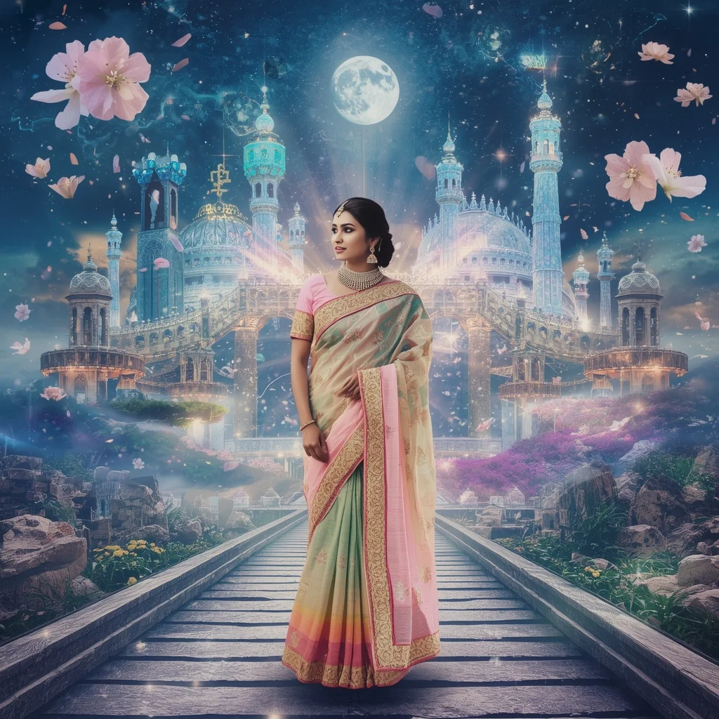 Festive Pastel Saree Eternal Aurora Diamond Celestial Wonderland Collage | Trending Prompt In Instagram Ai Photo Girls