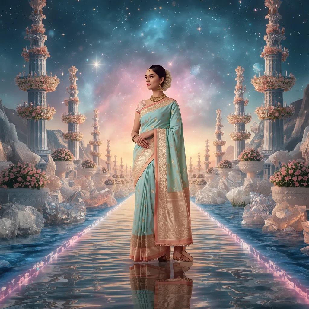 Festive Pastel Saree Eternal Aurora Diamond Imperial Universe Collage Cinematic Luxury | Anime Ai Prompt