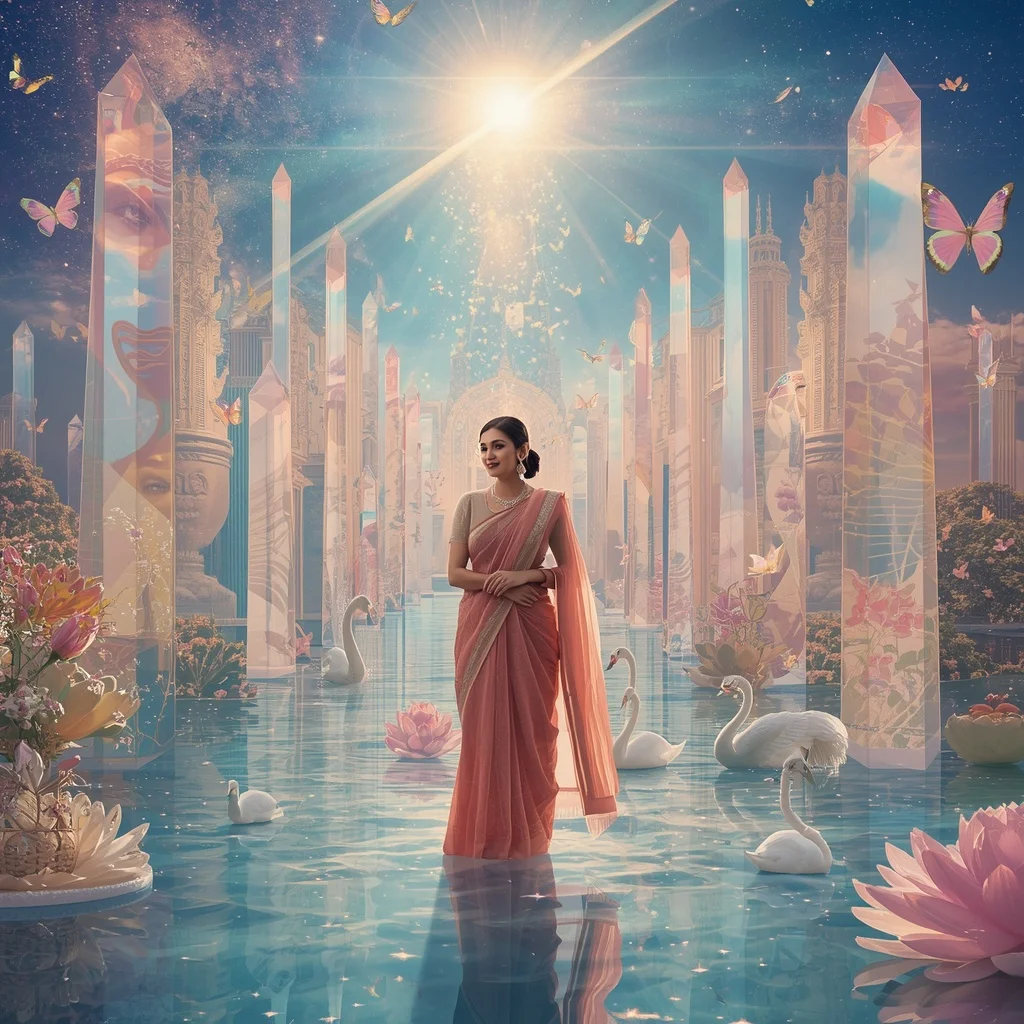 Festive Pastel Saree Eternal Crystal Aurora Paradise Empire Collage Luxury | Romantic Ai Prompt