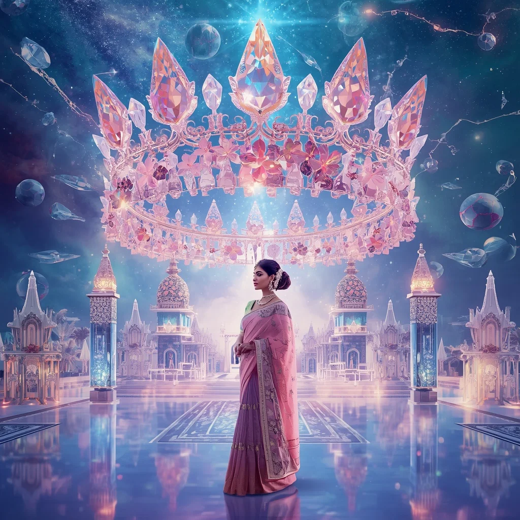 Festive Pastel Saree Eternal Diamond Aurora Celestial Crown Collage Cinematic Luxury | Secret Ai Prompt