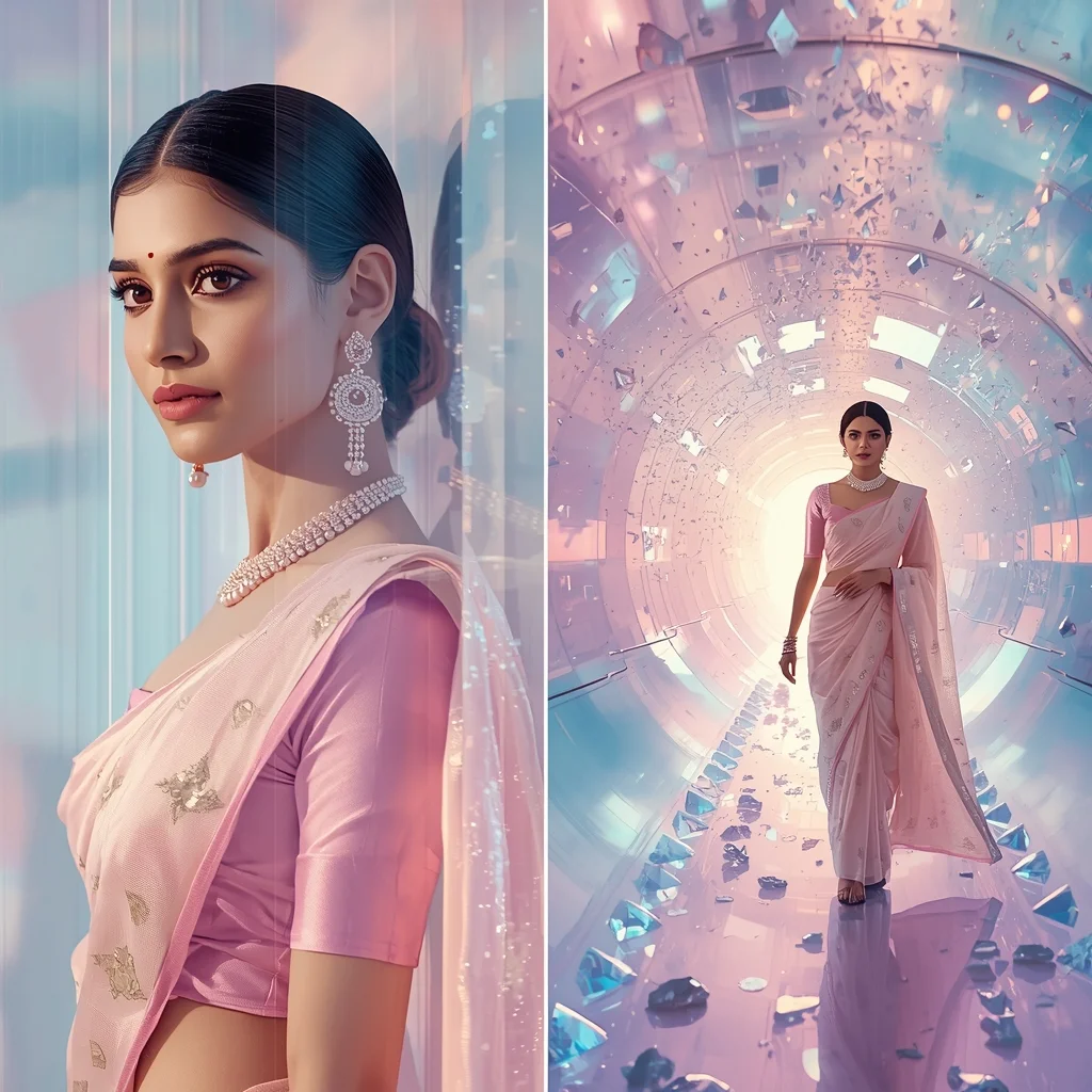 Festive Pastel Saree Ethereal Prism Crystal Tunnel Magnetic Particle Tornado Storm Collage | Spiral Fantasy Power Prompt | Saree Prompt Text To Image