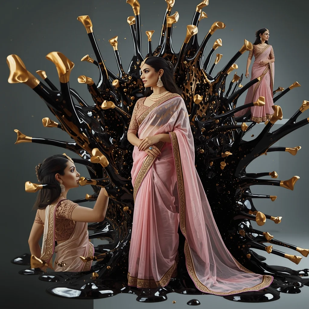 Festive Pastel Saree Ferrofluid Gold Eruption Collage | Magnetic Liquid Premium Prompt | Saree Selfie Ai Prompt