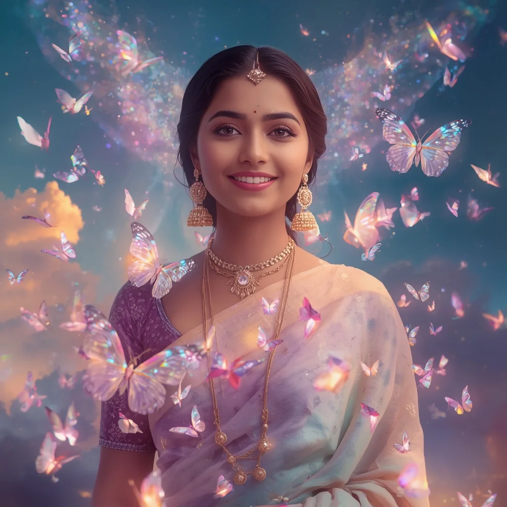 Festive Pastel Saree Floating Aurora Crystal Butterflies Collage Cinematic Premium | Character Design Ai Prompt