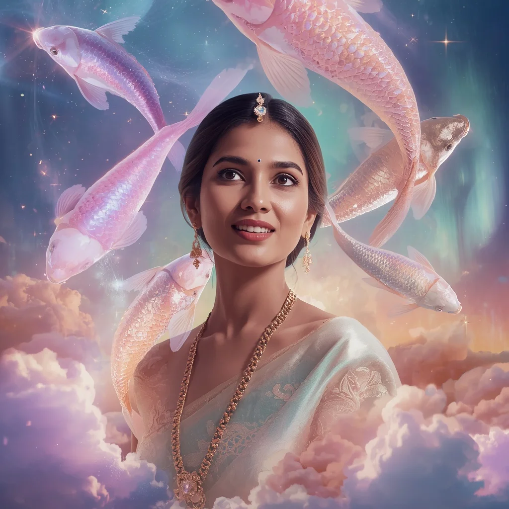 Festive Pastel Saree Floating Aurora Crystal Koi Galaxy Collage Cinematic Premium | Beautiful Woman Ai Prompt