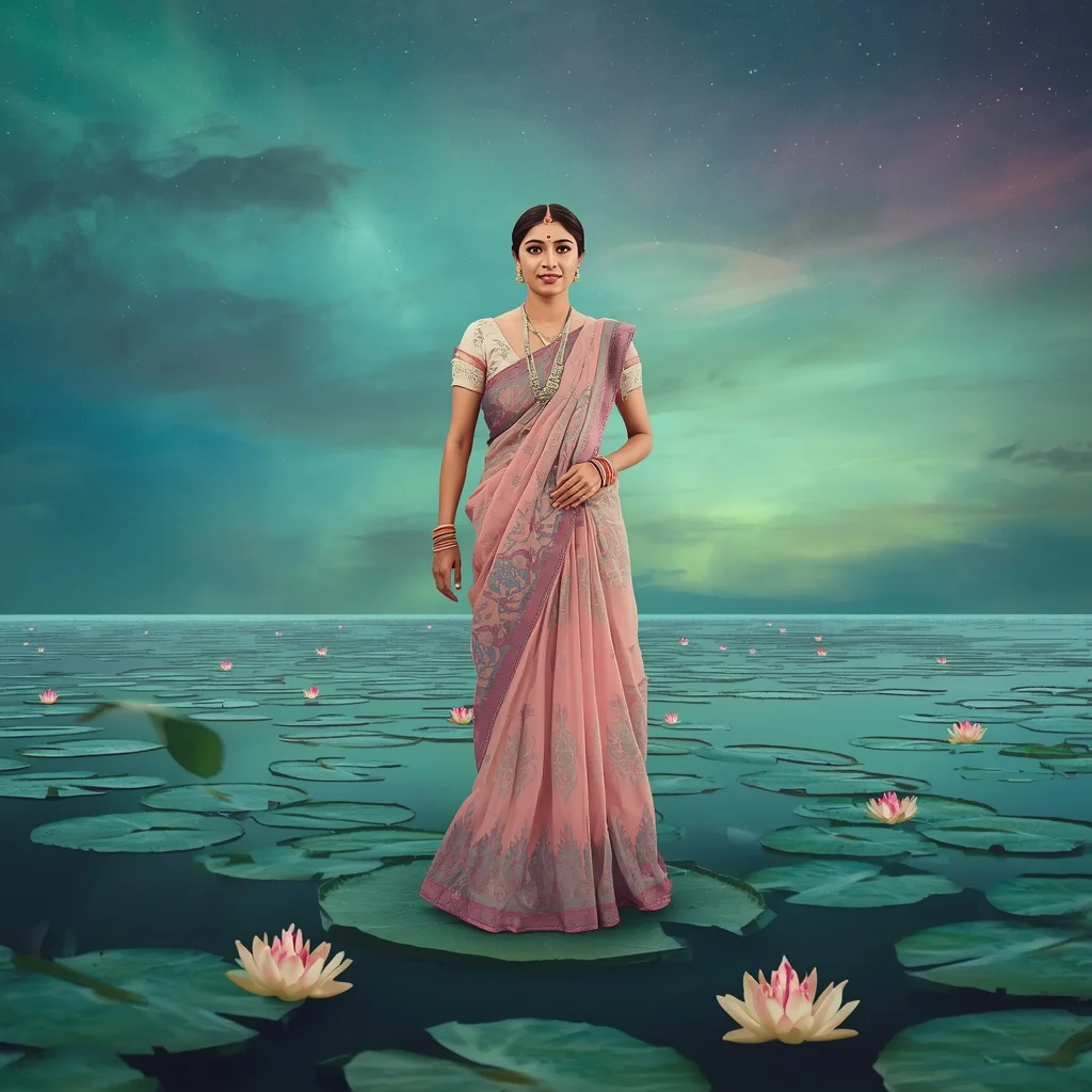 Festive Pastel Saree Floating Aurora Lily Islands Dream Collage | Instagram Reel Ai Prompt
