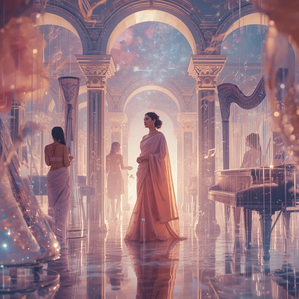Festive Pastel Saree Floating Aurora Music Palace Collage Cinematic | Gemini Photo Prompt