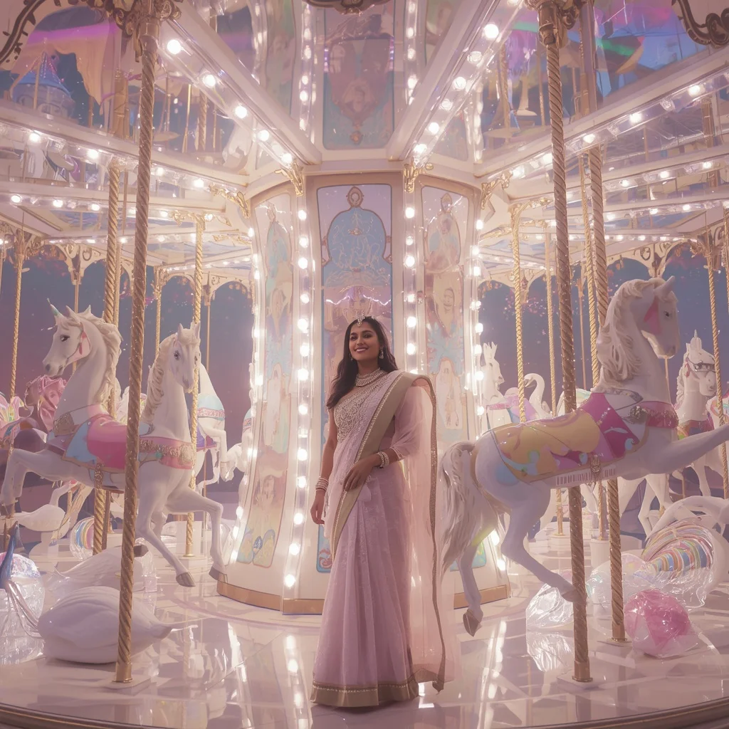 Festive Pastel Saree Floating Crystal Aurora Carousel Collage Cinematic | Gemini Ai Prompt Copy Paste