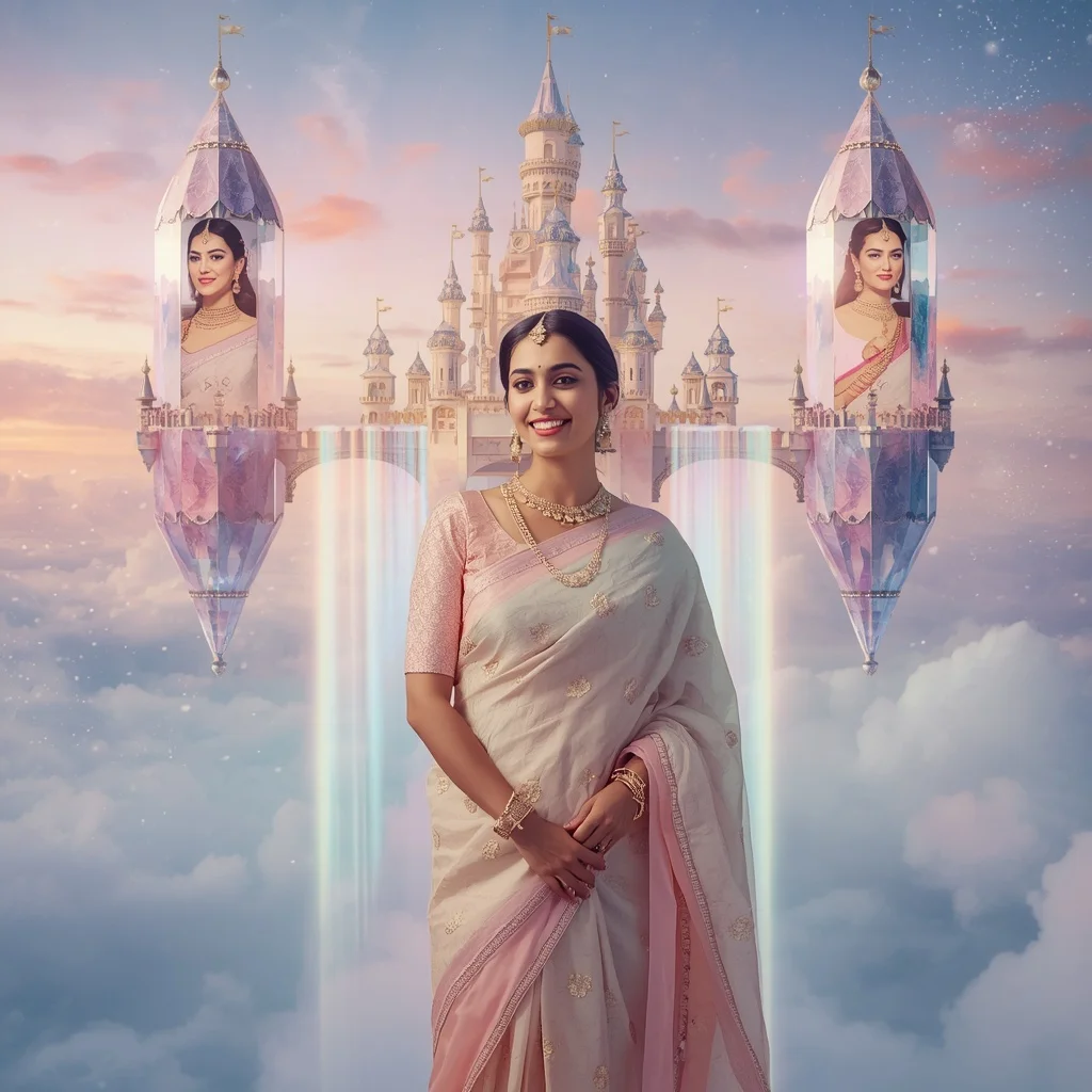 Festive Pastel Saree Floating Crystal Aurora Castle Collage Premium | Ai Prompt For Social Media