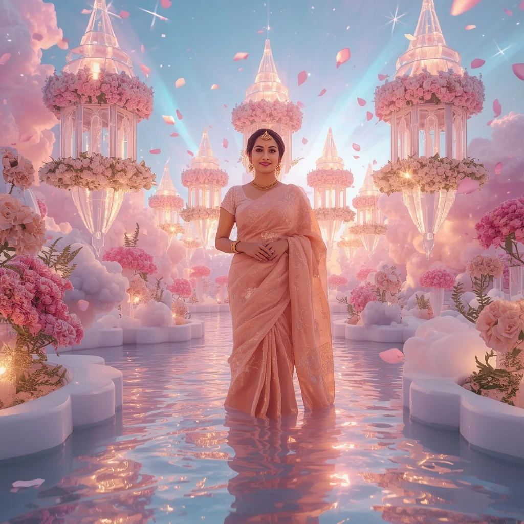 Festive Pastel Saree Floating Crystal Aurora Castle Gardens Premium | Saree Ai Prompt