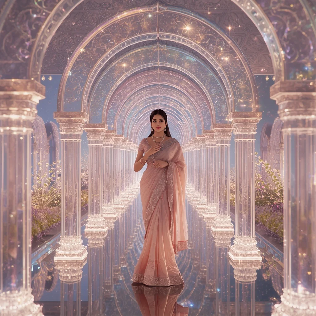 Festive Pastel Saree Floating Crystal Aurora Pavilion Collage Premium | South Indian Prompt For Girl ChatGPT