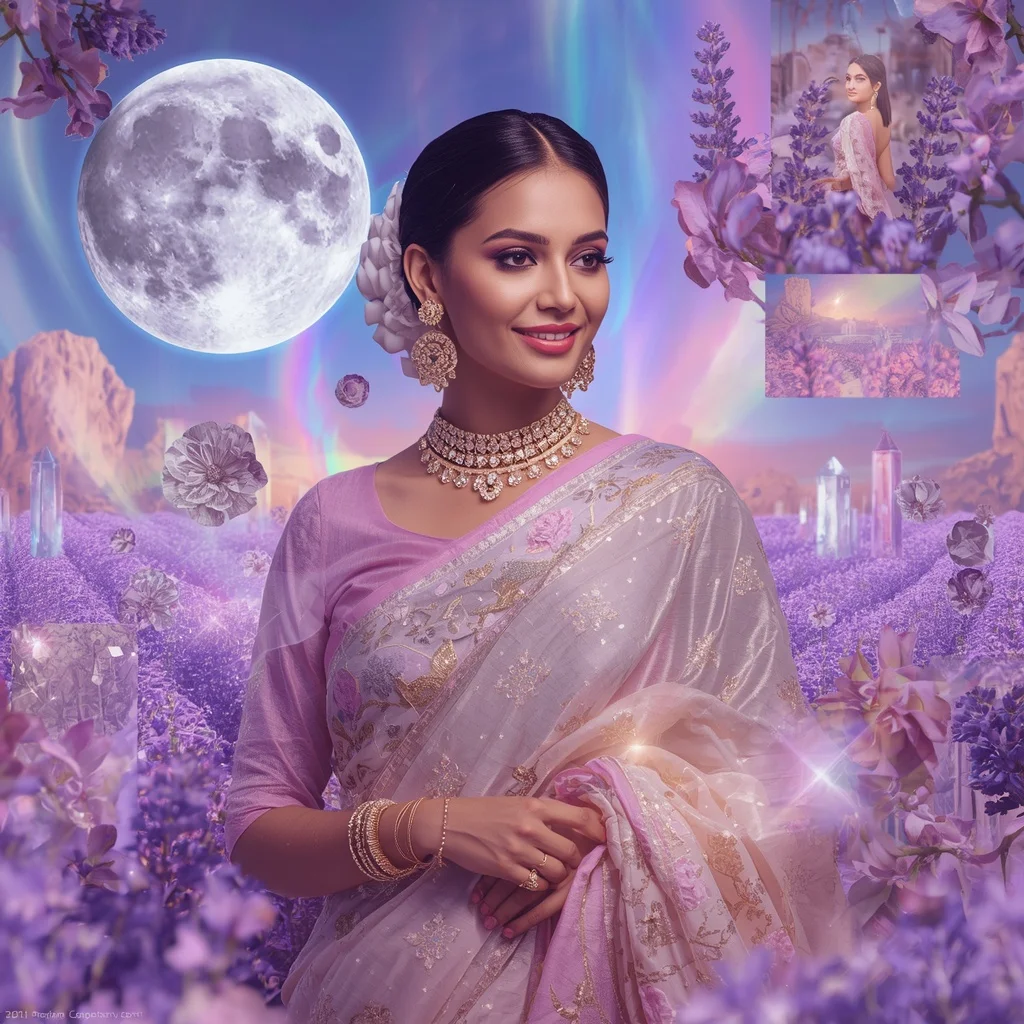 Festive Pastel Saree Floating Crystal Lavender Moon Realm Collage Luxury Editorial | Instagram Story Ai Prompt
