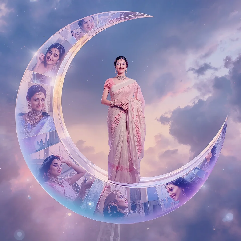 Festive Pastel Saree Floating Crystal Moon Bridge Collage Premium | Prompt For Gemini AI Girl Trending