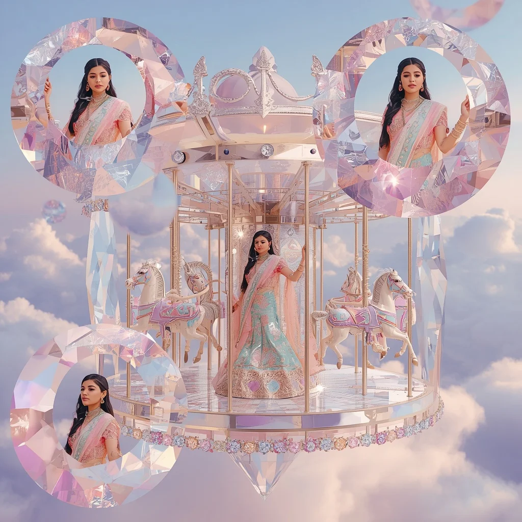 Festive Pastel Saree Floating Crystal Moon Carousel Collage Premium Luxury Editorial | Desi Girl Ai Prompt