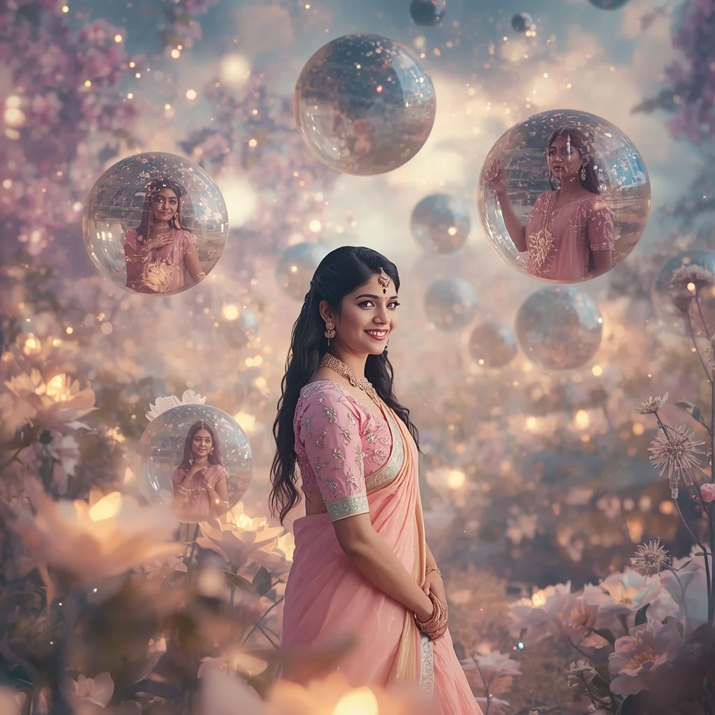 Festive Pastel Saree Floating Crystal Planet Garden Collage Cinematic | Korean Ai Prompt