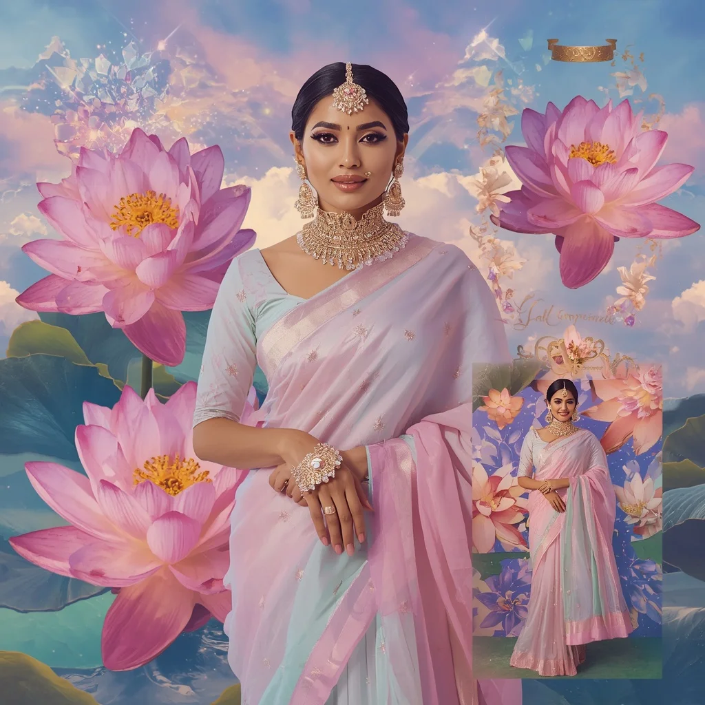 Festive Pastel Saree Floating Crystal Rainbow Lotus Paradise Collage Luxury Editorial | Ai Gemini Prompt