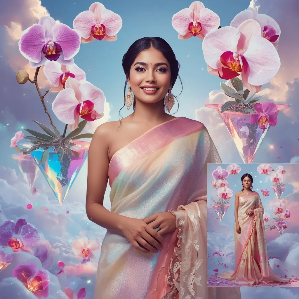 Festive Pastel Saree Floating Crystal Rainbow Orchid Realm Collage Luxury Editorial | Prompt Generator