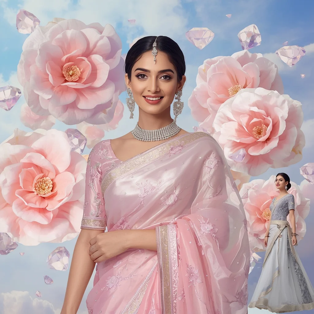 Festive Pastel Saree Floating Diamond Camellia Heaven Collage Luxury Editorial | Text To Image Prompt