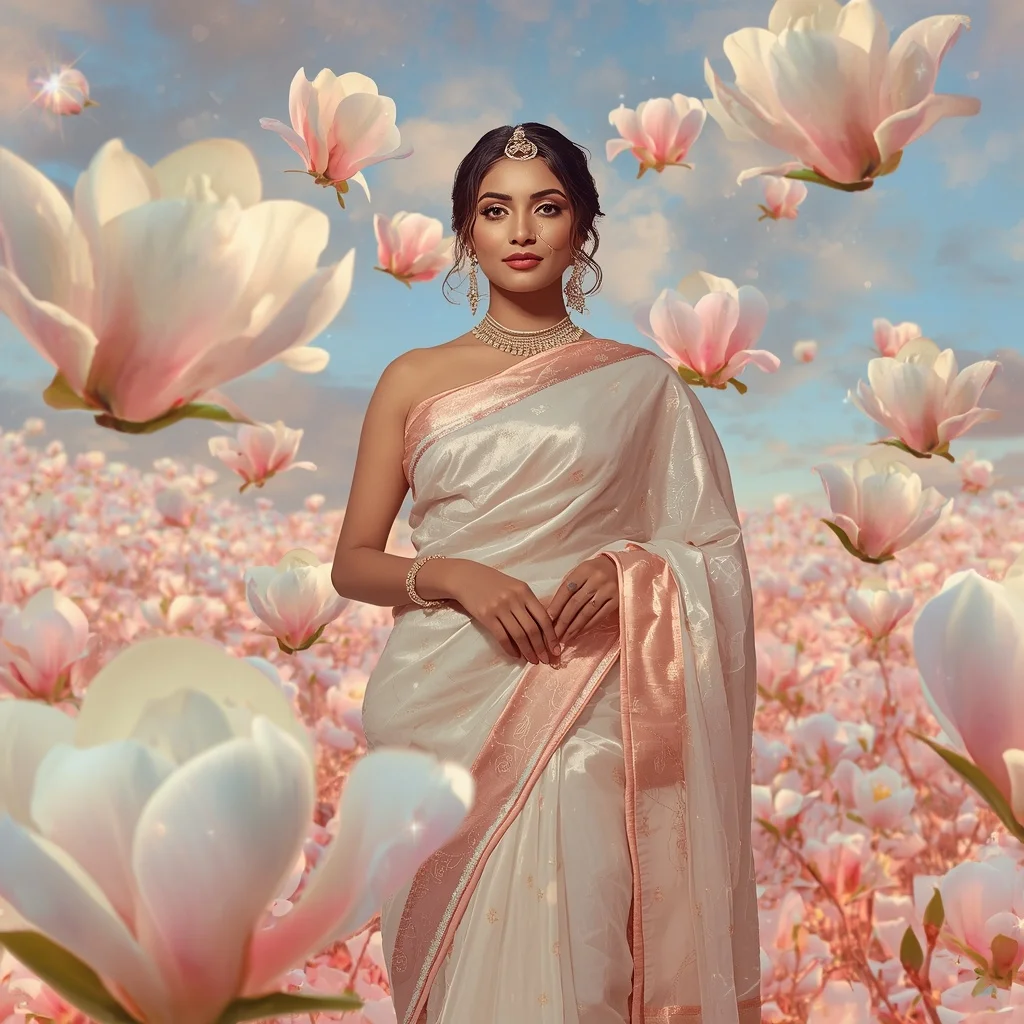 Festive Pastel Saree Floating Diamond Magnolia Heaven Collage Luxury Editorial | Instagram Reel Ai Prompt