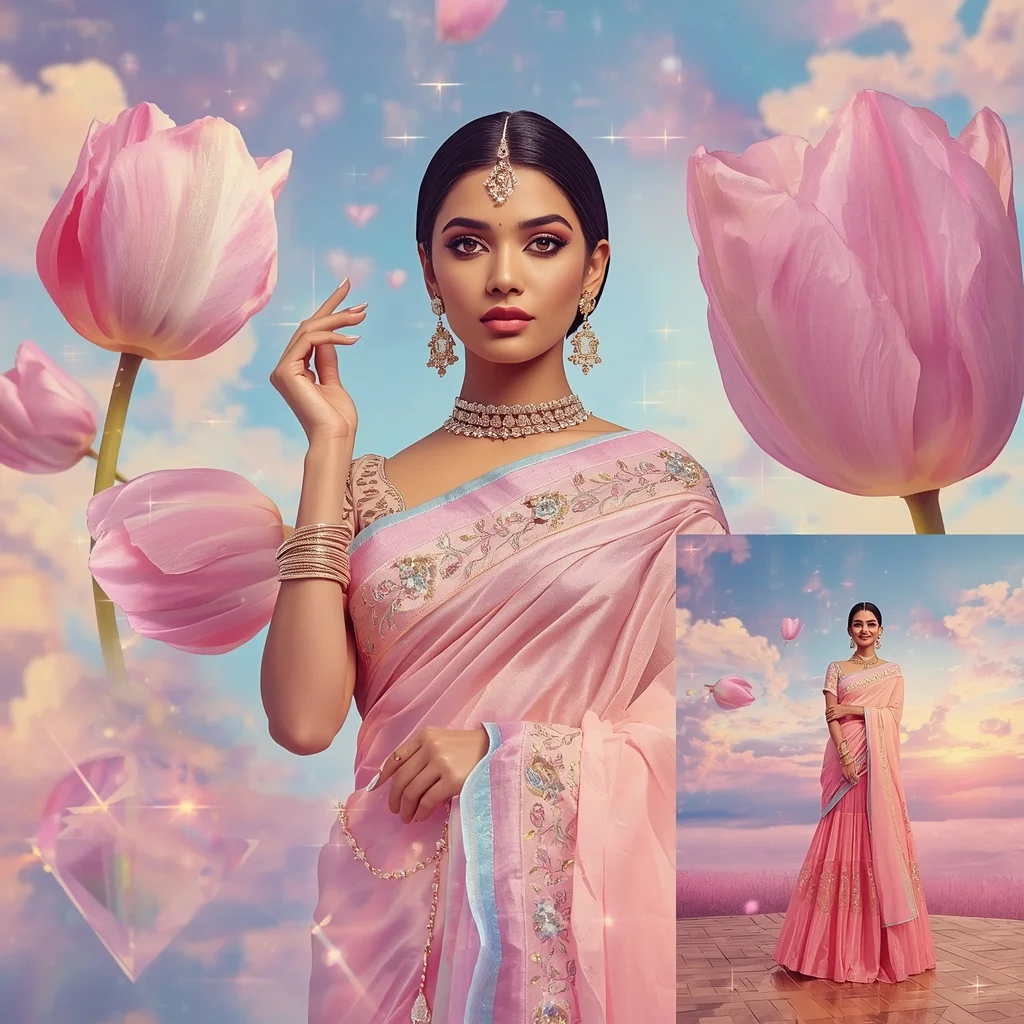 Festive Pastel Saree Floating Diamond Tulip Heaven Collage Luxury Editorial | Trending Ai Prompt