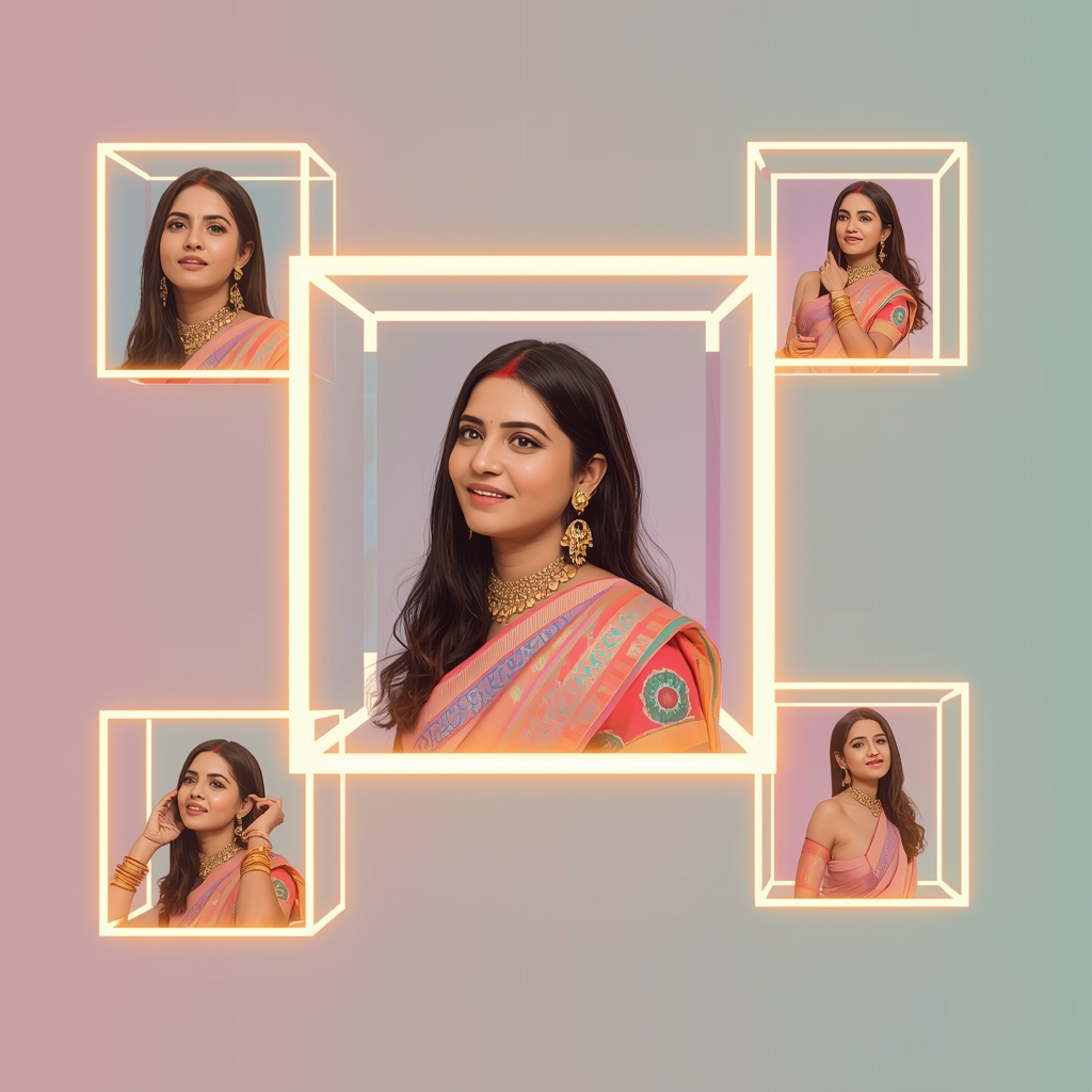 Festive Pastel Saree Floating Glow Cube Collage Modern Cinematic | Cinematic Saree Ai Prompt
