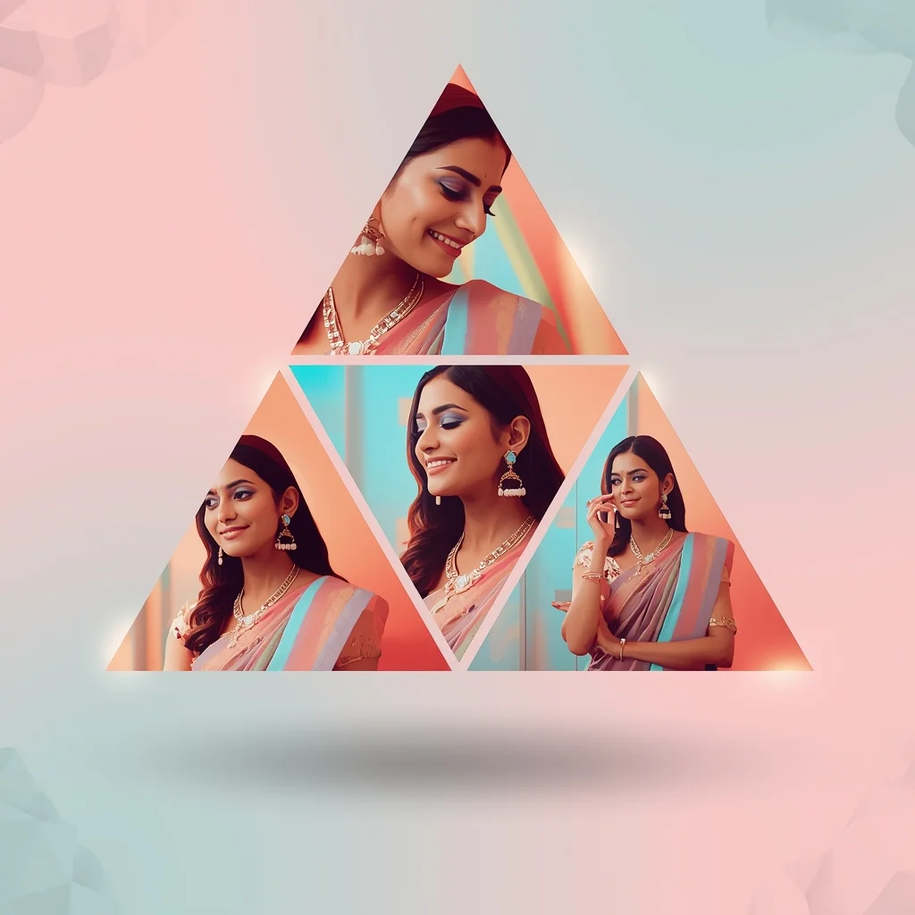 Festive Pastel Saree Floating Glow Triangle Grid Collage Modern Cinematic | Aesthetic Saree Ai Prompt
