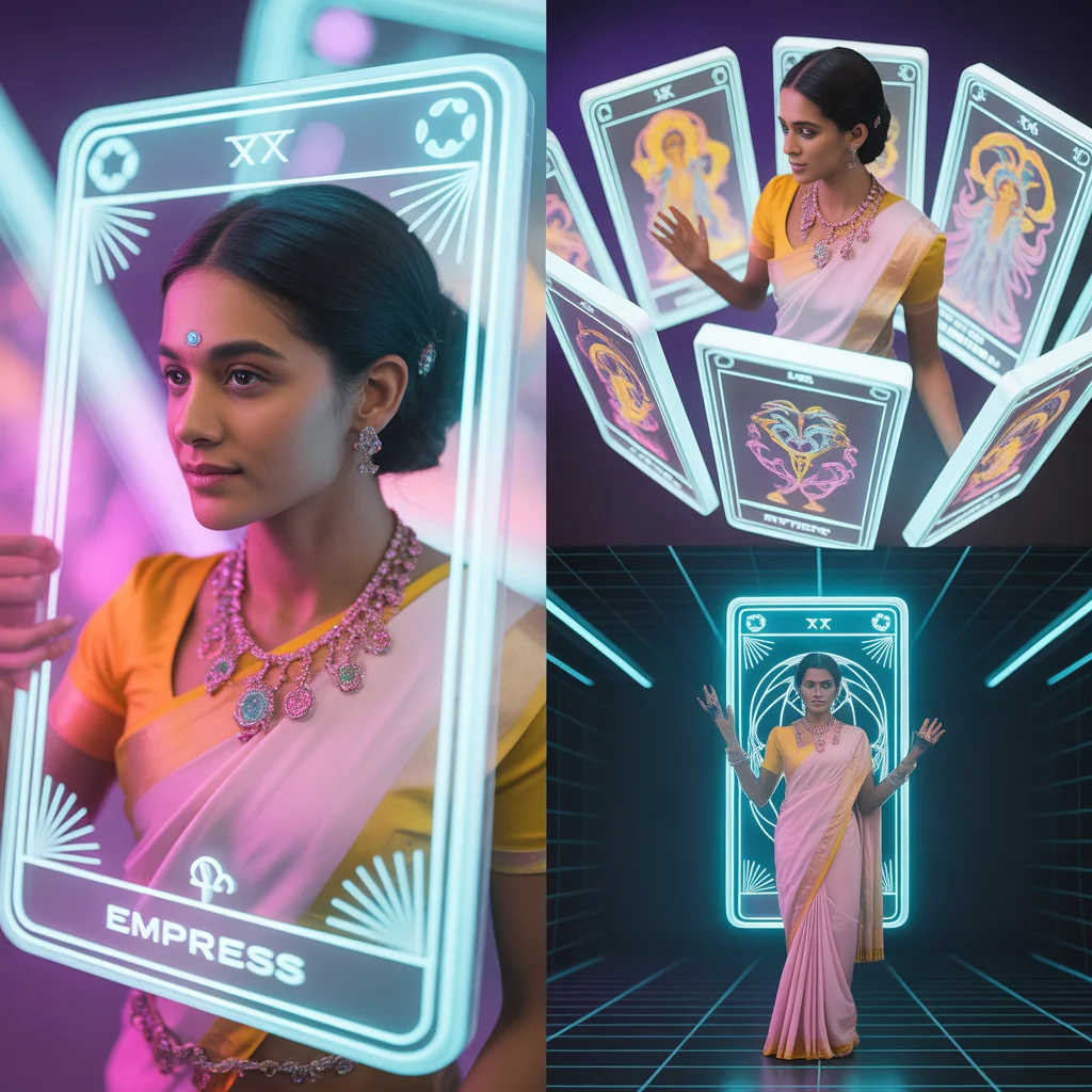 Festive Pastel Saree Floating Holographic Tarot Deck Collage | Mystic Arcana Premium Prompt | Desi Saree Ai Prompt