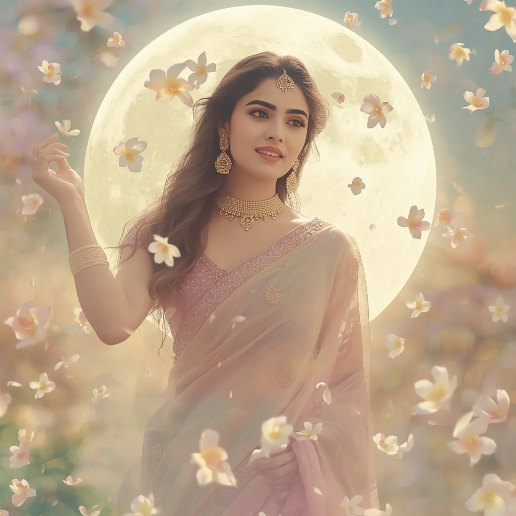 Festive Pastel Saree Floating Jasmine Moon Realm Collage Cinematic | Prompt Trending Girl 2026