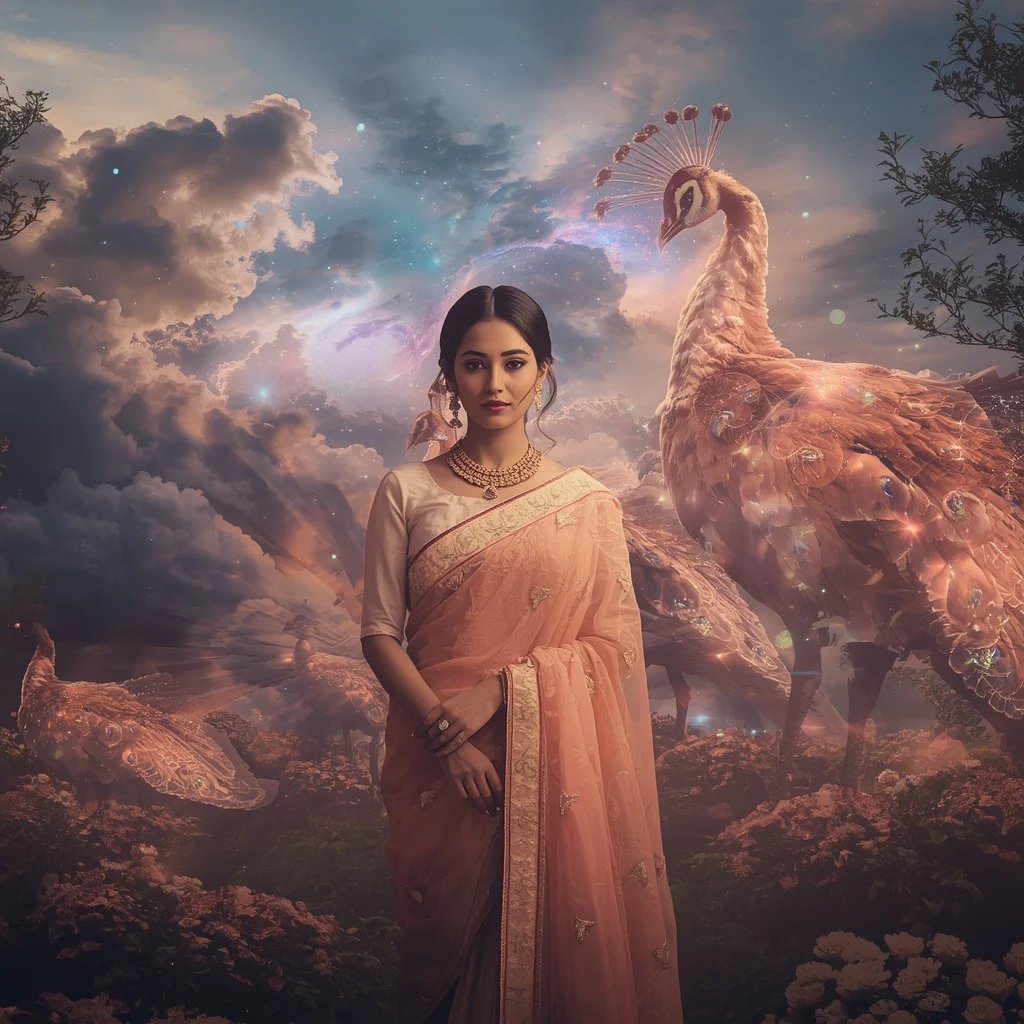 Festive Pastel Saree Floating Nebula Peacock Garden Collage | Gemini Ai Photo
