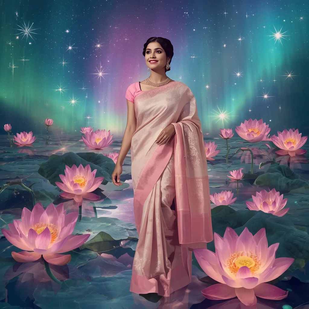 Festive Pastel Saree Floating Opal Lotus Aurora Galaxy Collage Luxury Fashion | Korean Ai Prompt