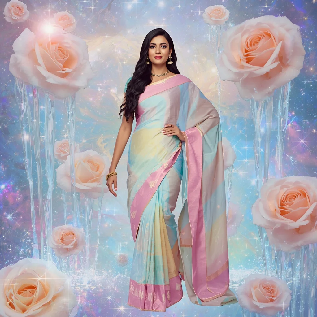 Festive Pastel Saree Floating Opal Rose Waterfall Galaxy Collage Luxury Fashion | Korean Ai Prompt